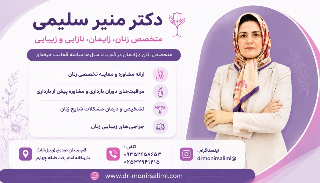 بنر معرفی دکتر منیر سلیمی متخصص زنان و زایمان در قم با خدمات درمانی و زیبایی زنان